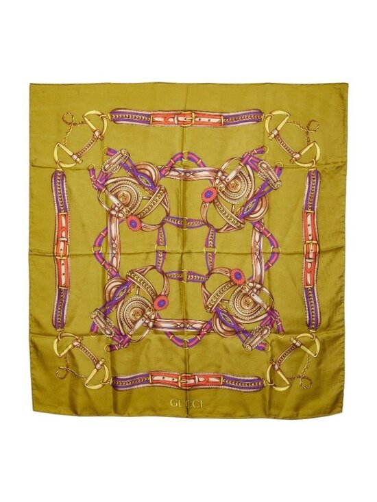 Gucci Accessories - Gucci Belt Chain Motif Scarf Khaki Green Multicolor Silk